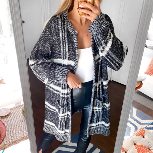 🖤 JANINA BLACK GREY WHITE LONG KNIT CARDIGAN SWEATER! - Picture 6 of 15